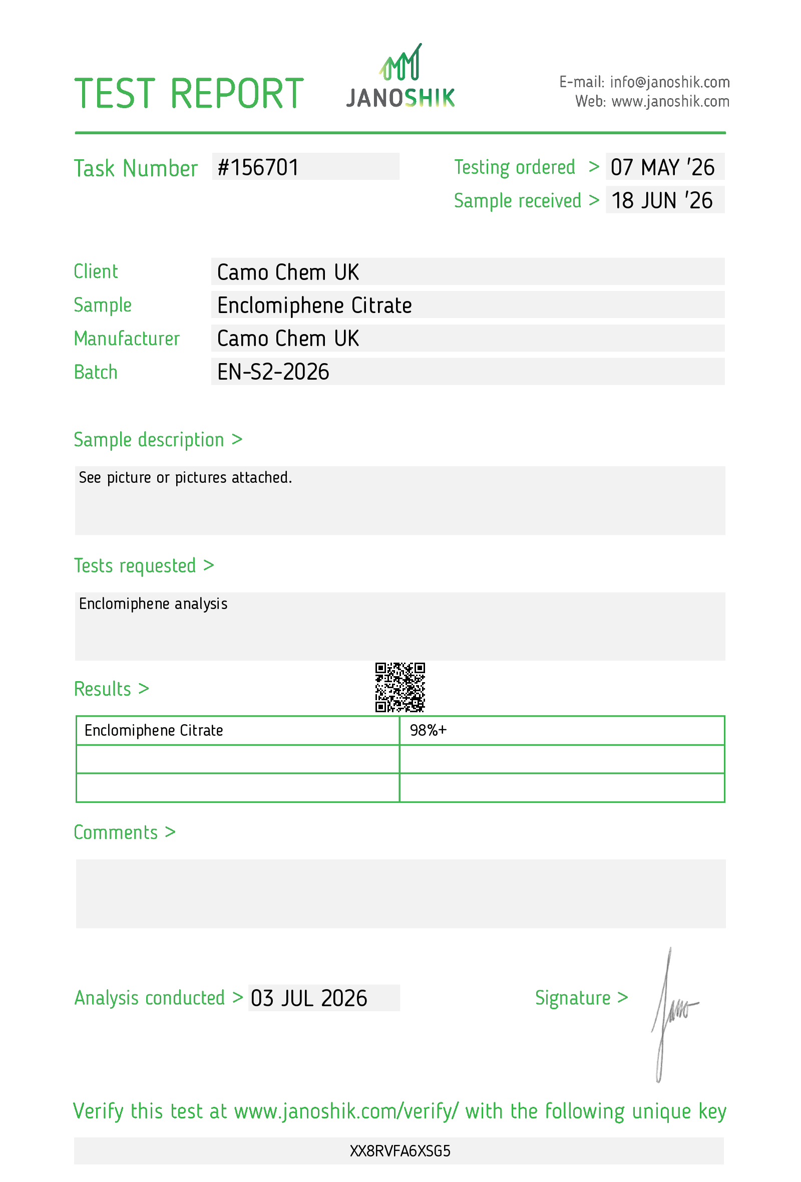 Janoshik Purity & identity report for Enclomiphene batch EN-S2-2026