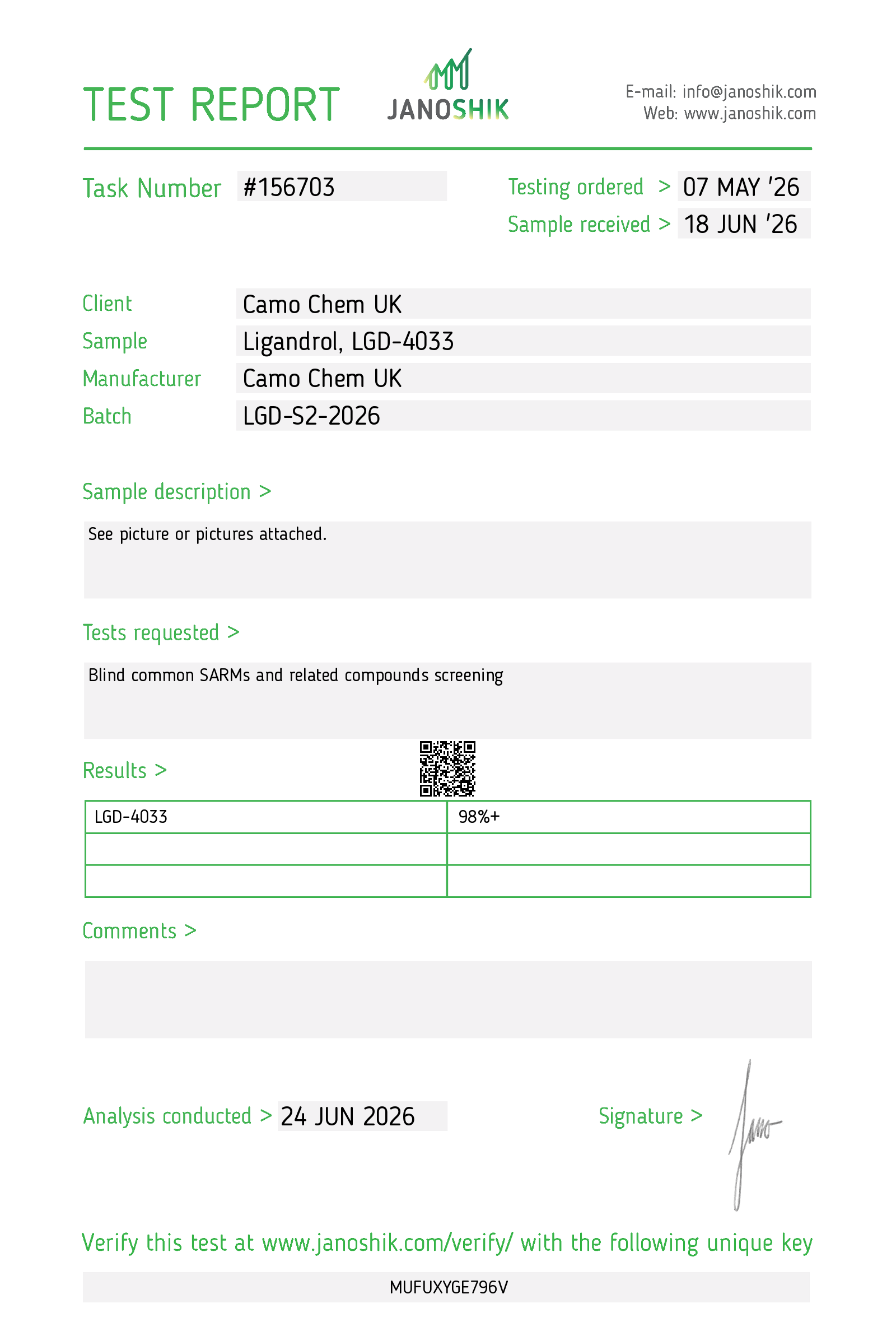 Janoshik Purity & identity report for Ligandrol batch LGD-S2-2026