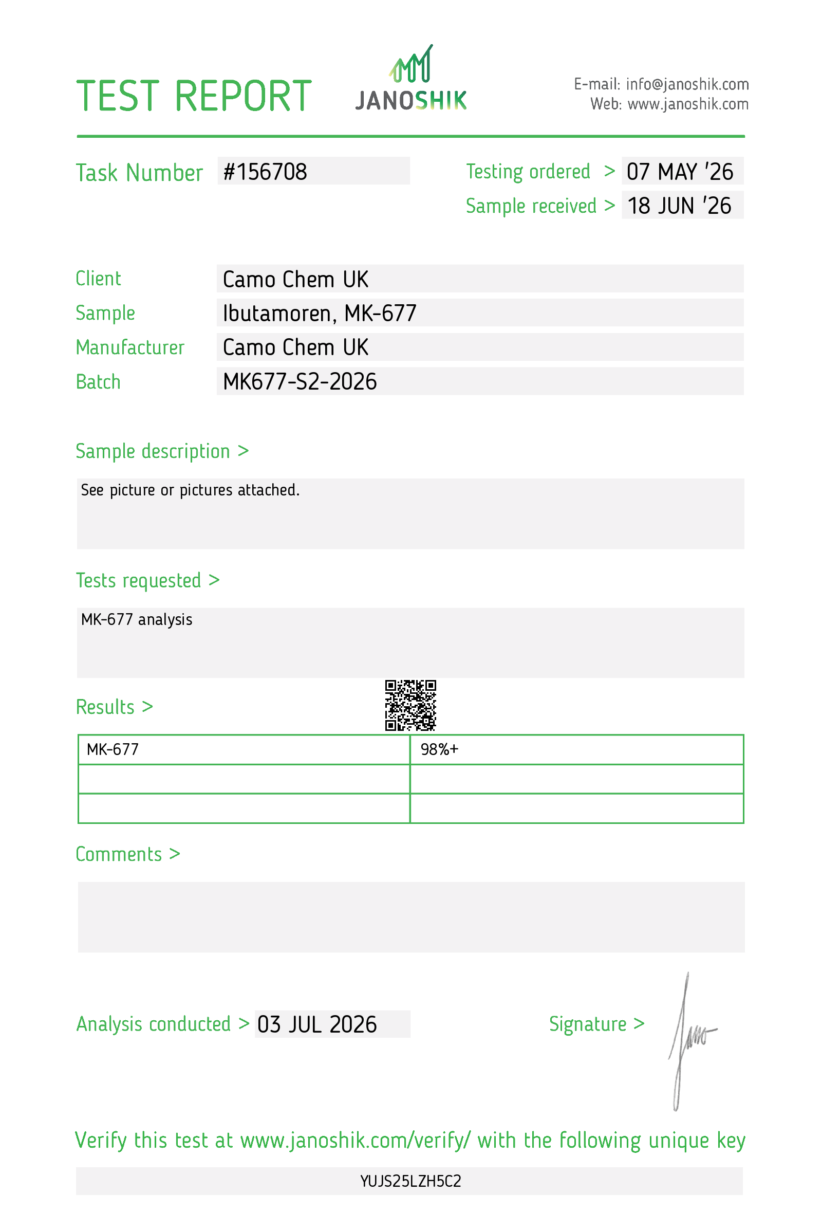 Janoshik Purity & identity report for MK-677 batch MK677-S2-2026