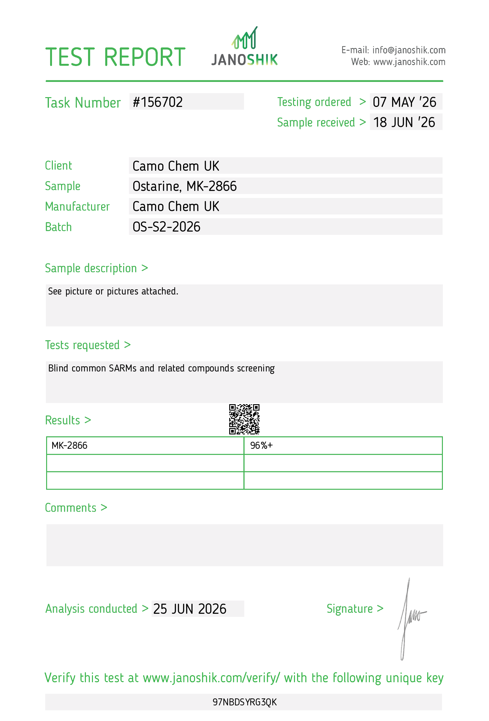 Janoshik Purity & identity report for Ostarine batch OS-S2-2026