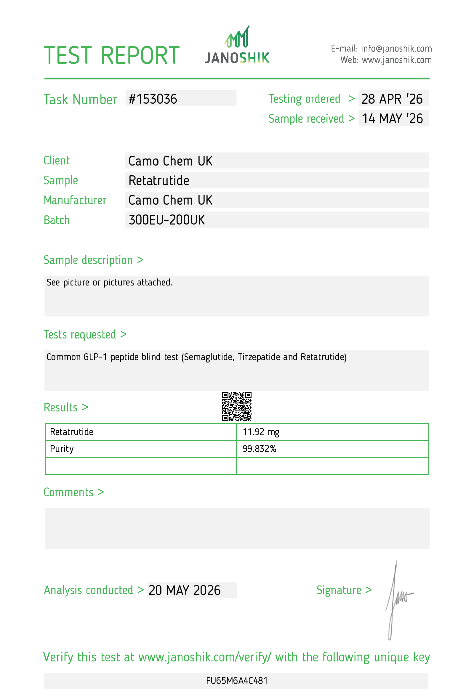 Janoshik Purity & identity report for Retatrutide batch 300EU-200UK