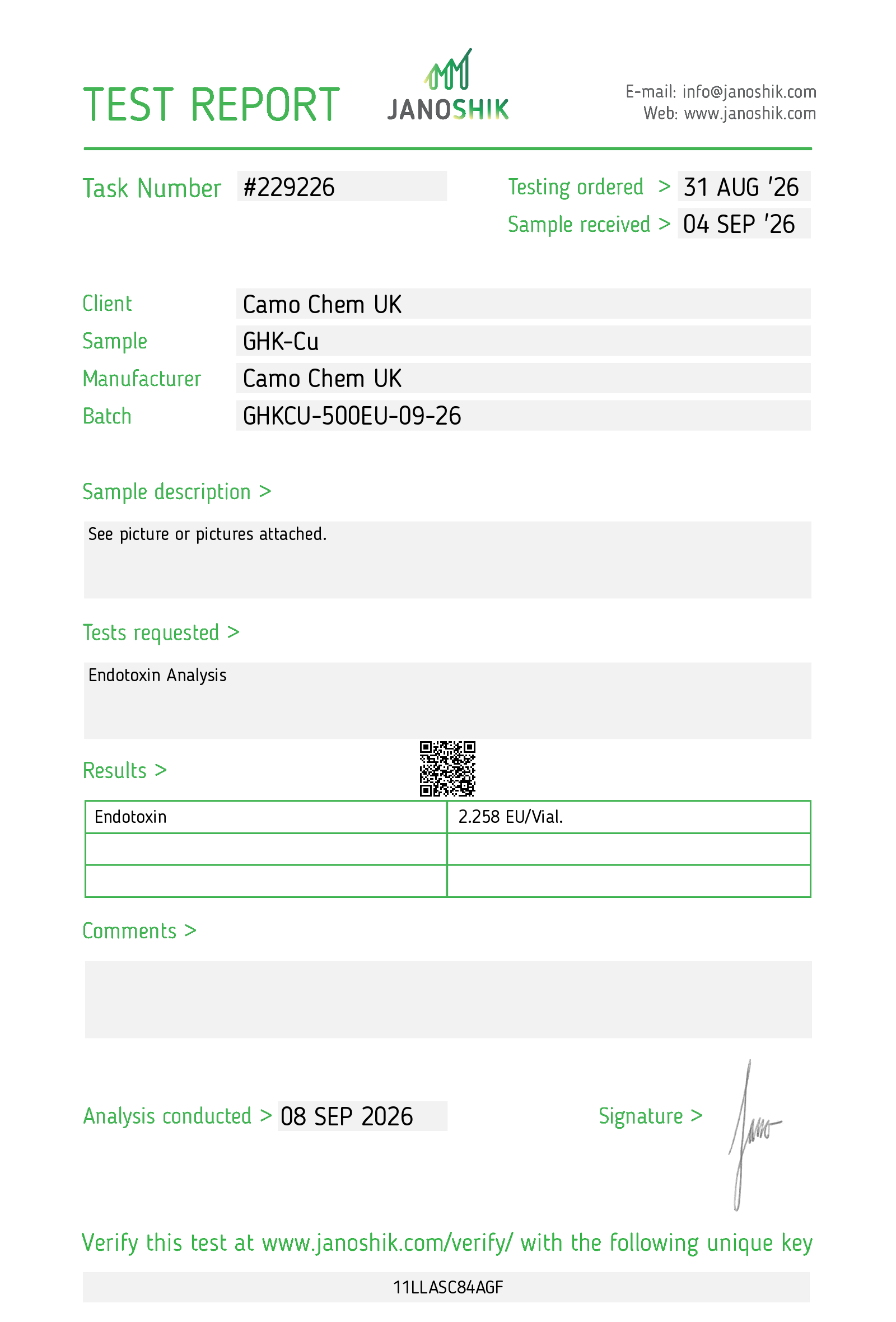 Janoshik Endotoxin report for GHK-Cu batch GHKCU-500EU-09-26