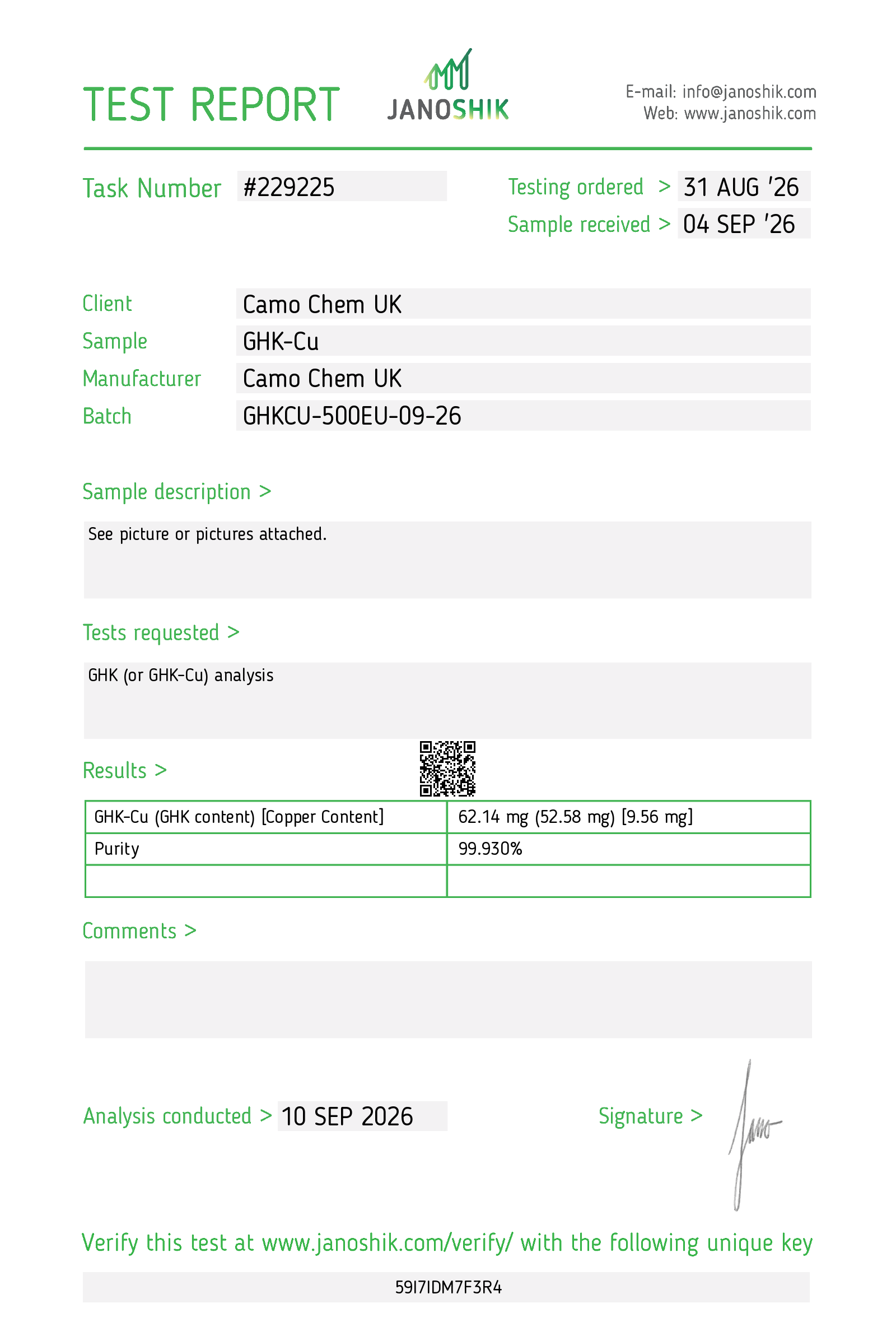 Janoshik Purity & identity report for GHK-Cu batch GHKCU-500EU-09-26