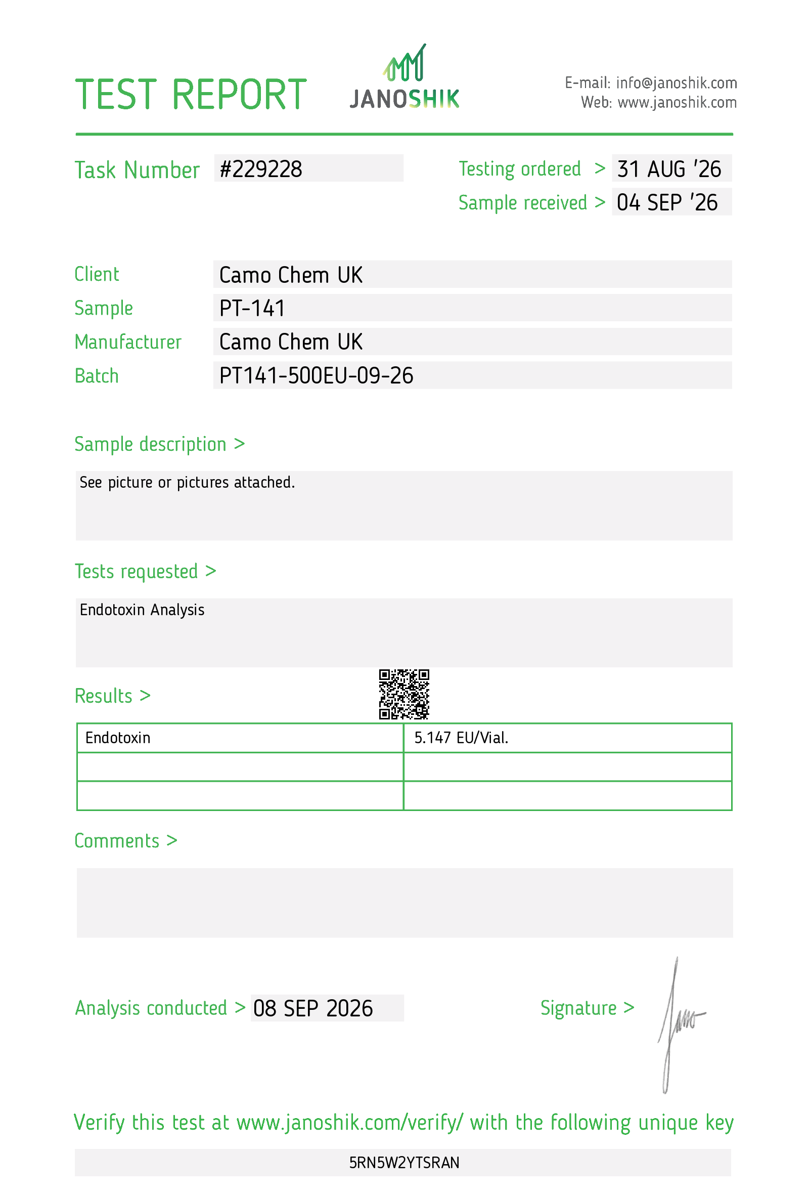 Janoshik Endotoxin report for PT-141 batch PT141-500EU-09-26