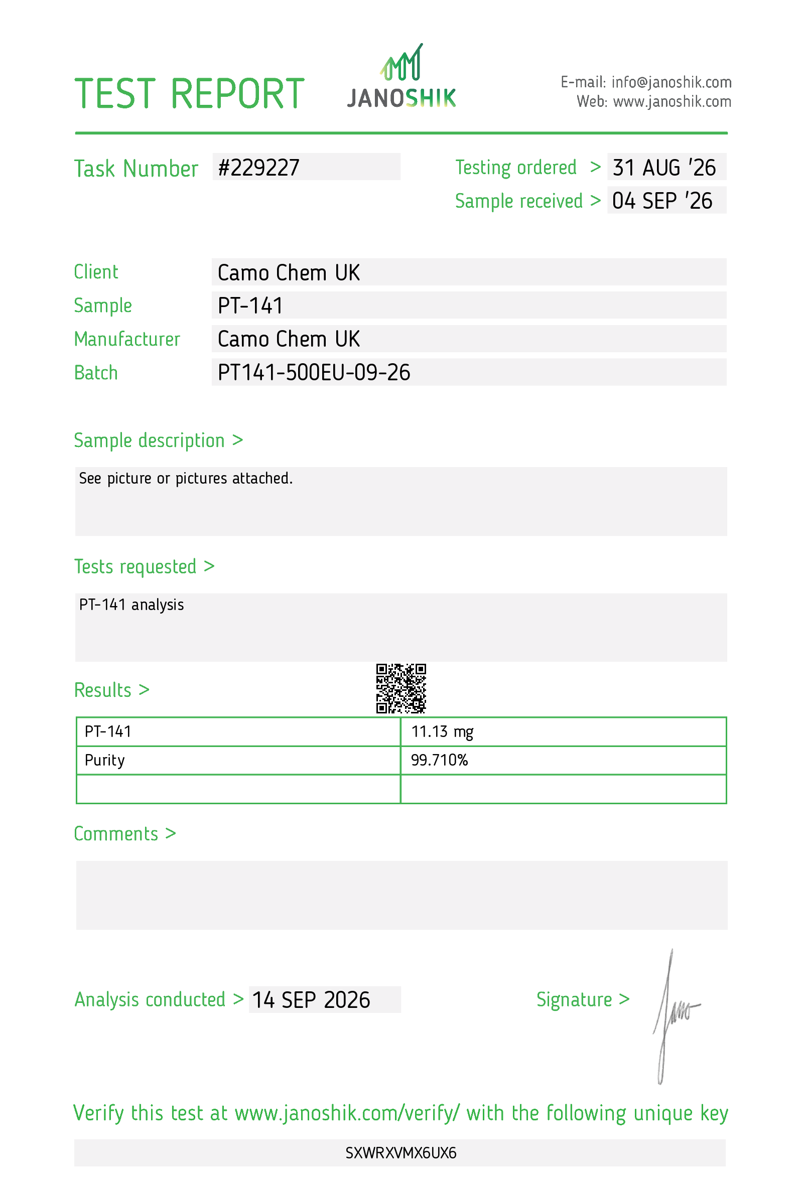 Janoshik Purity & identity report for PT-141 batch PT141-500EU-09-26