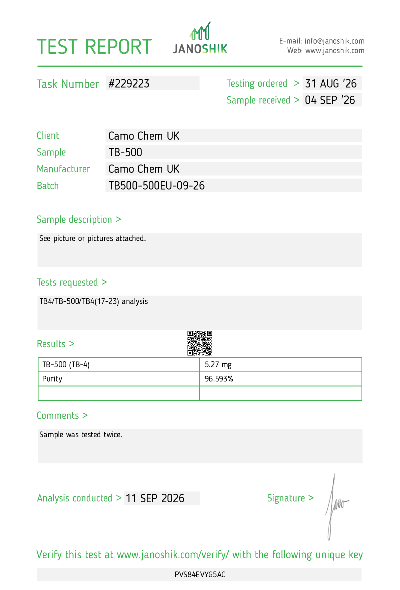 Janoshik Purity & identity report for TB-500 batch TB500-500EU-09-26