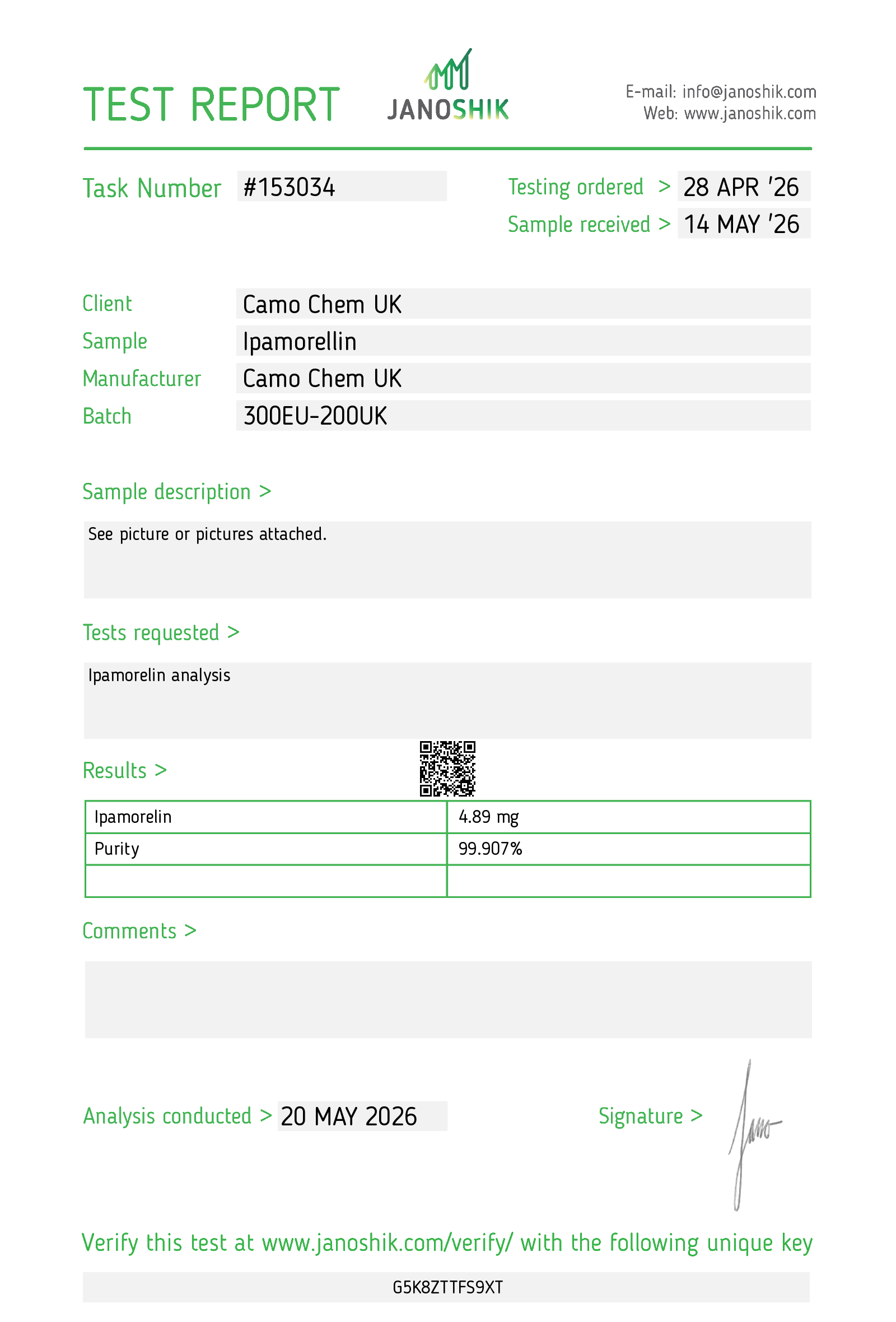 Janoshik Purity & identity report for Ipamorelin batch 300EU-200UK